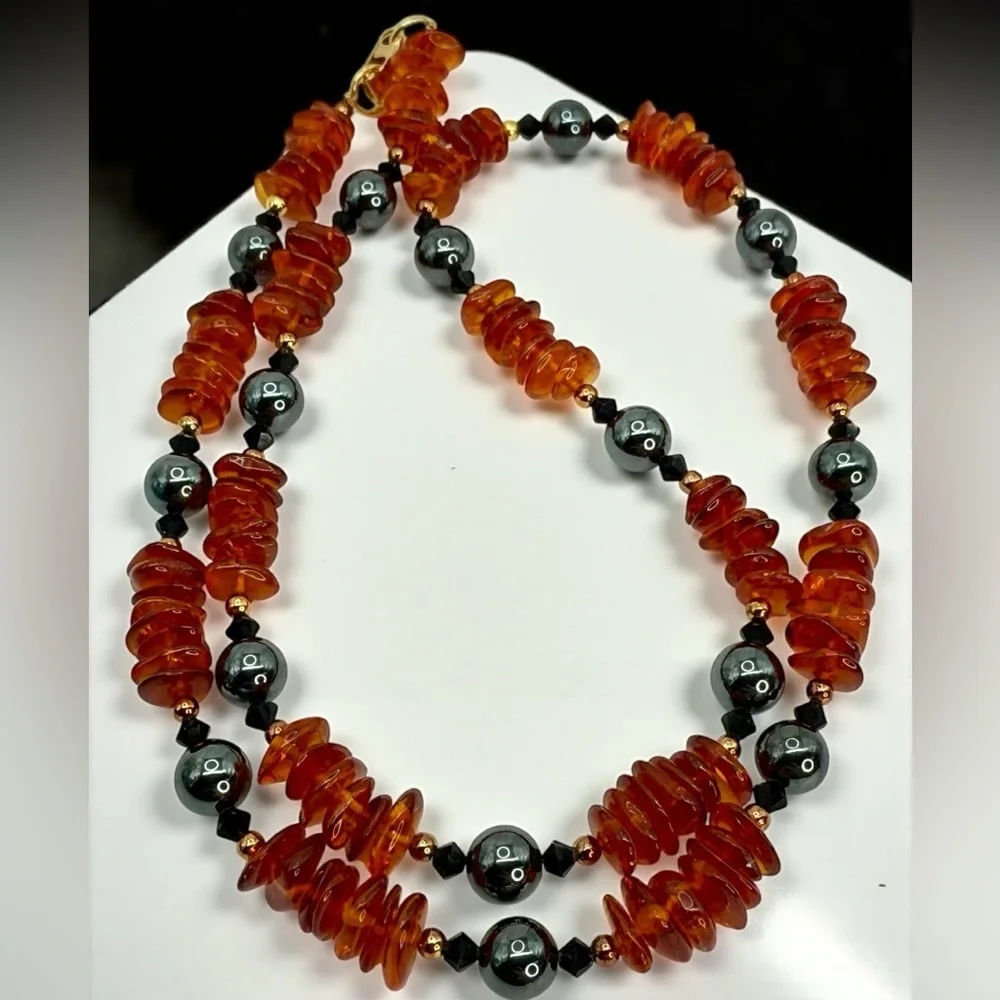 Vintage 26” Natural Amber & Hematite Bead Necklace Gold Fold-Over Clasp Stunning